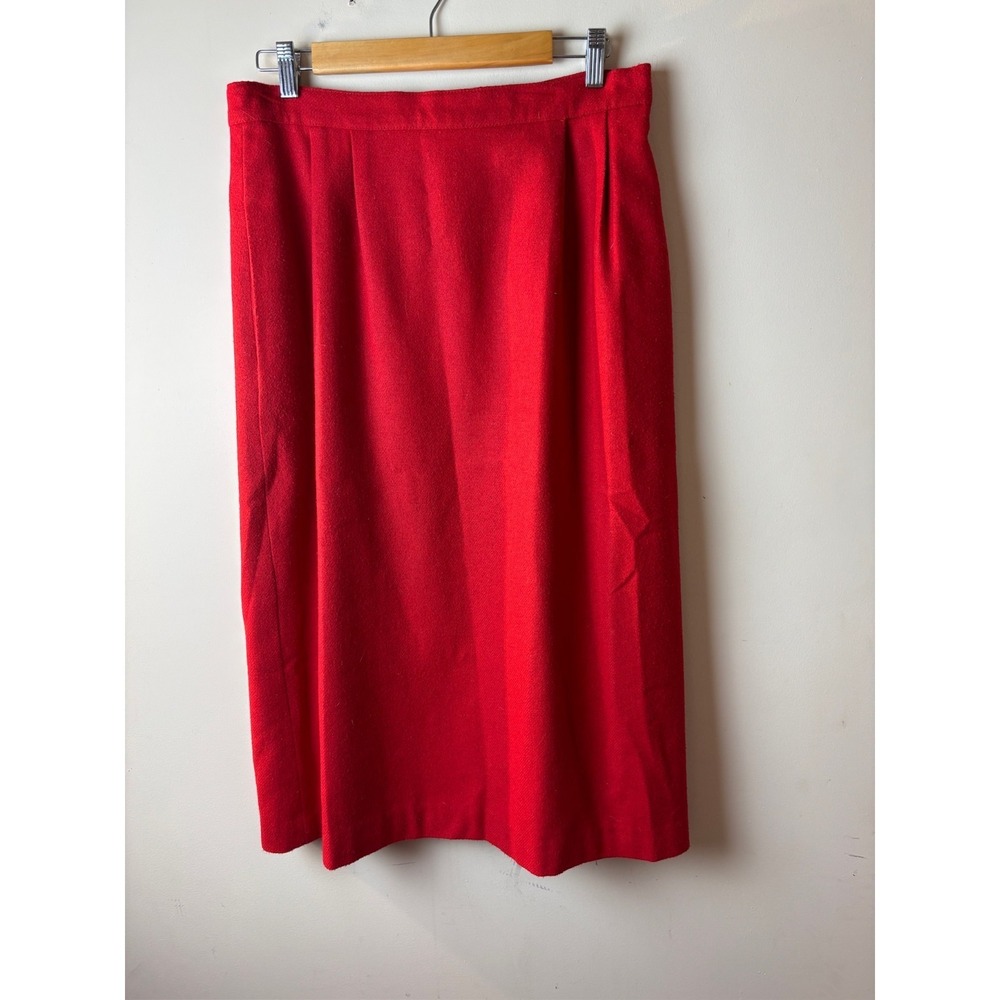 Womens Benel Straight Midi Skirt Red Wool Pleated Classic Workwear 90s Vintage
